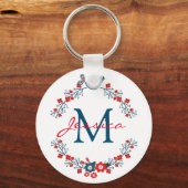 Bird and Flowers Folk Art Wreath Monogram Sleutelhanger (Voorkant)