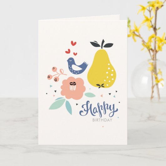Bird and Pear Birthday Kaart (Gele Bloem)