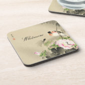 Bird and Pink Blosbezems  Japans print Bier Onderzetter (Linkerzijde)