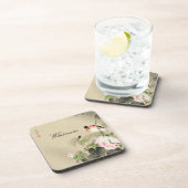 Bird and Pink Blosbezems  Japans print Bier Onderzetter (Rechterzijde)