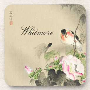 Bird and Pink Blosbezems  Japans print Bier Onderzetter