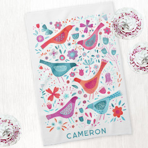 Bird and Wildflower Bloemen Waterverf gepersonalis Theedoek