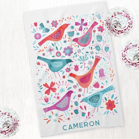 Bird and Wildflower Bloemen Waterverf gepersonalis Theedoek