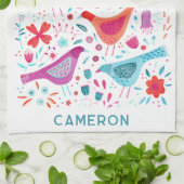 Bird and Wildflower Bloemen Waterverf gepersonalis Theedoek (Gevouwen)