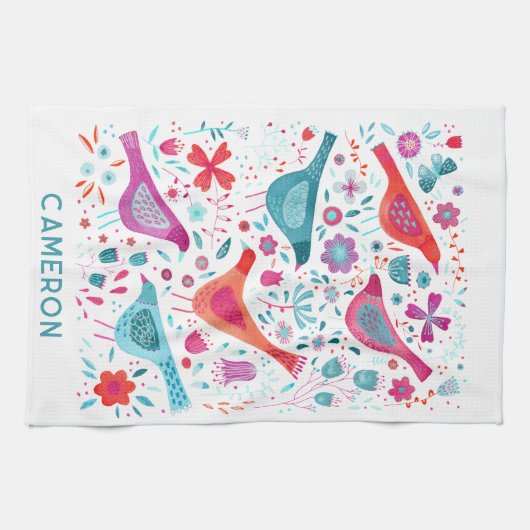 Bird and Wildflower Bloemen Waterverf gepersonalis Theedoek (Horizontaal)