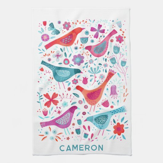 Bird and Wildflower Bloemen Waterverf gepersonalis Theedoek (Verticaal)