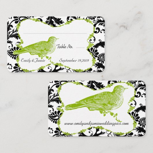  Bird Apple Green & Black Damask Place Card Plaatskaartje (Voorkant / Achterkant)