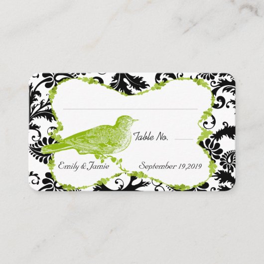  Bird Apple Green & Black Damask Place Card Plaatskaartje (Voorkant)