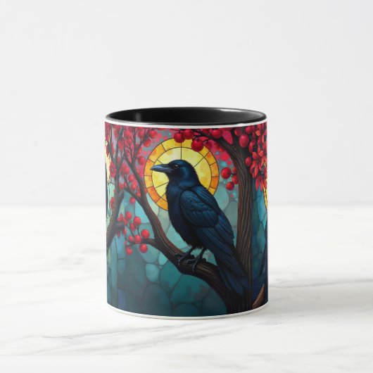 Bird Art Glas in lood Ravens-Crows Mok (Midden)