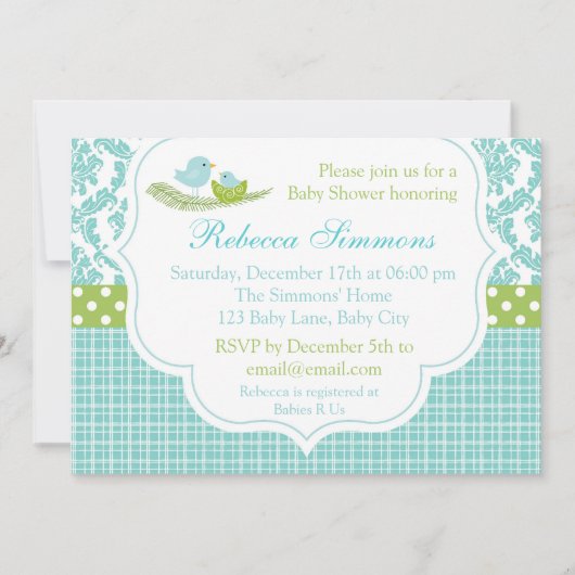 Bird Baby shower Invitation Boy Damask Blue Green Kaart (Voorkant)