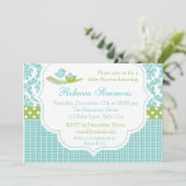 Bird Baby shower Invitation Boy Damask Blue Green Kaart (Staand voorkant)