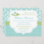 Bird Baby shower Invitation Boy Damask Blue Green Kaart (Voorkant / Achterkant)