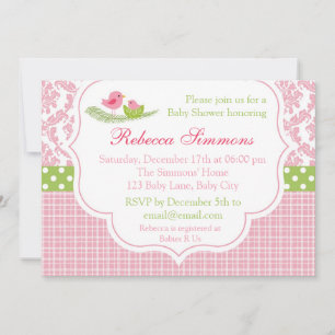 Bird Baby shower Invitation Girl Damask Pink Green Kaart
