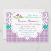 Bird Baby shower Invitation Neutral Damask Paars Kaart (Voorkant)