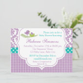 Bird Baby shower Invitation Neutral Damask Paars Kaart (Staand voorkant)