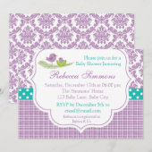 Bird Baby shower Invitation Neutral Damask Paars Kaart (Voorkant / Achterkant)