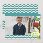 Bird Blue Chevron Stripe Holiday Fotokaart Feestdagenkaart (Voorkant / Achterkant)