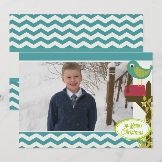 Bird Blue Chevron Stripe Holiday Fotokaart Feestdagenkaart (Voorkant / Achterkant)