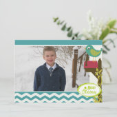 Bird Blue Chevron Stripe Holiday Fotokaart Feestdagenkaart (Staand voorkant)