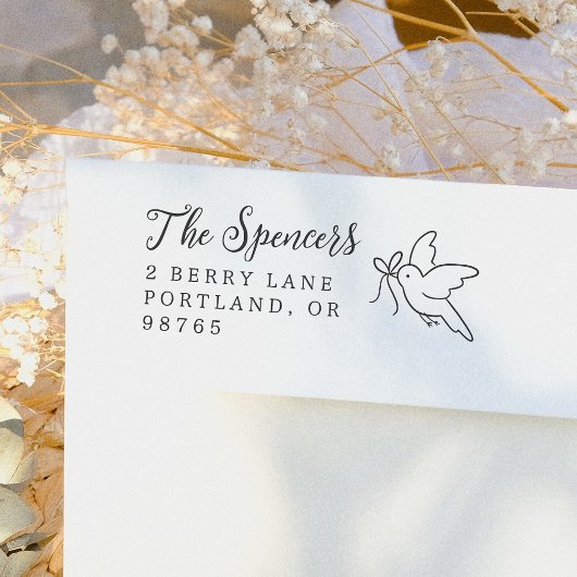 Bird & Bow Family Name & Return Address Rubberstempel