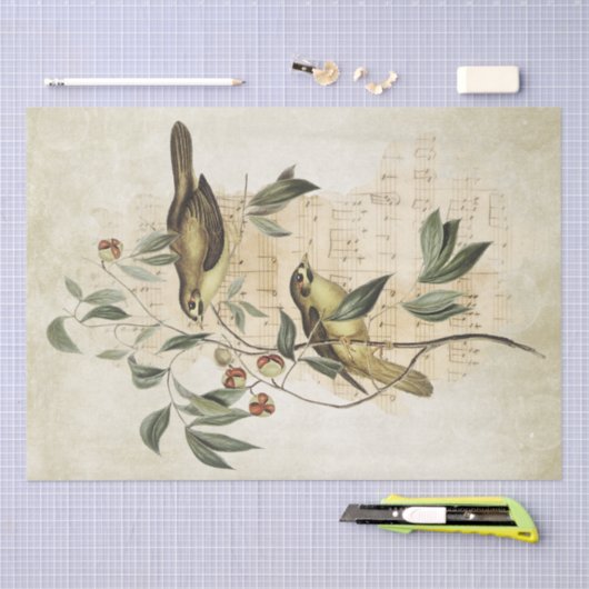 Bird Branch Berries Music Decoupage  Tissuepapier (Craft)
