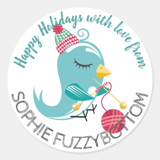 Bird breien naalden garen kerstcadeau sticker (Voorkant)