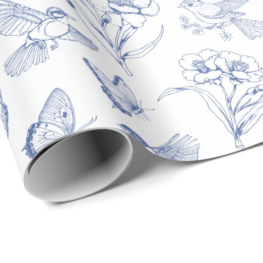 Bird & Butterfly Floral Toile Blauw Inpakpapier (Rol Hoek)