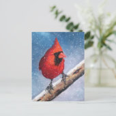 BIRD: CARDINAL: SNEEUW: OLIEPASTEL ART BRIEFKAART (Staand voorkant)