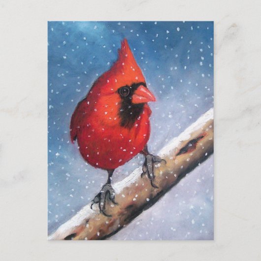 BIRD: CARDINAL: SNEEUW: OLIEPASTEL ART BRIEFKAART (Voorkant)