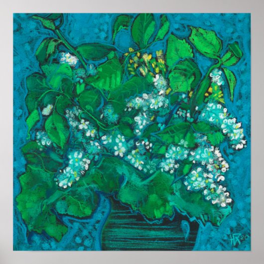 Bird Cherry Flowers Blossom Floral Pastel Painting Poster (Voorkant)