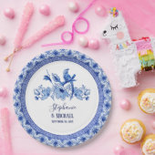  Bird Chinoiserie Navy BL Bloemen Waterverf Papieren Bordje (Feest)