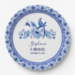  Bird Chinoiserie Navy BL Bloemen Waterverf Papieren Bordje