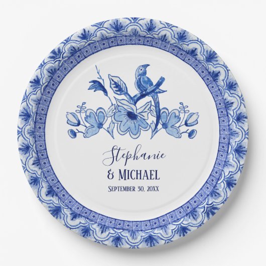  Bird Chinoiserie Navy BL Bloemen Waterverf Papieren Bordje (Voorkant)