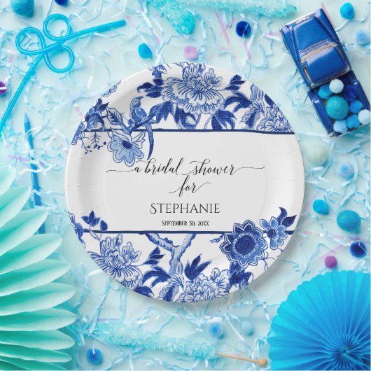 Bird Chinoiserie Navy BL Bloemen Waterverf Papieren Bordje (Feest)