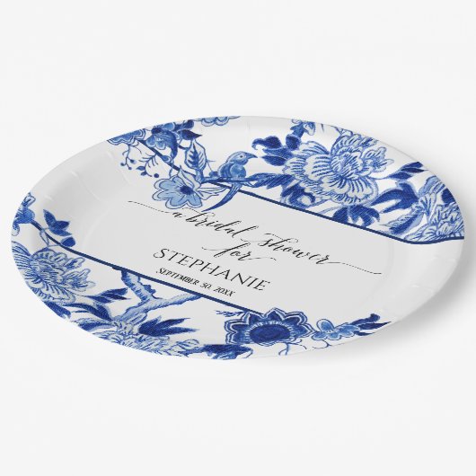  Bird Chinoiserie Navy BL Bloemen Waterverf Papieren Bordje (Gekanteld)