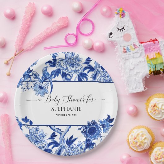  Bird Chinoiserie Navy Floral Baby shower Papieren Bordje (Feest)