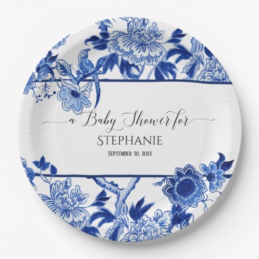  Bird Chinoiserie Navy Floral Baby shower Papieren Bordje (Voorkant)