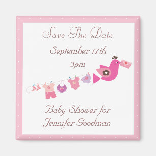 Bird & Clothesline Pink Save The Date Baby shower Magneet