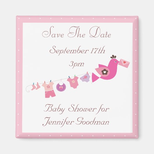 Bird & Clothesline Pink Save The Date Baby shower Magneet (Voorkant)