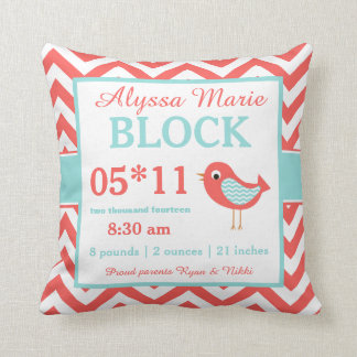 Bird Coral Turquoise Baby Announcement Pillow Kussen