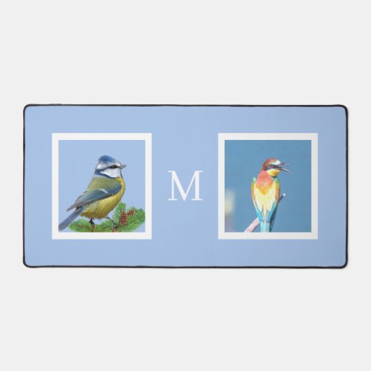 Bird Custom Foto's en Monogram op Sky Blue Bureaumat (Voorkant)