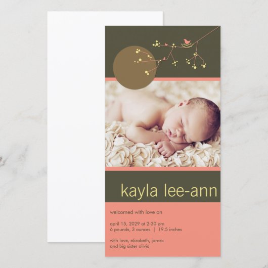 Bird & Family Baby Girl Aankondiging geboorte (Voorkant / Achterkant)