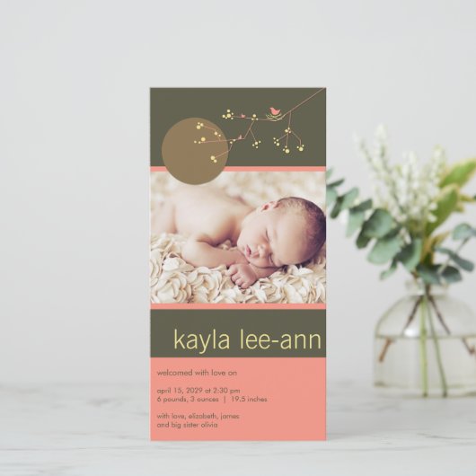 Bird & Family Baby Girl Aankondiging geboorte (Staand voorkant)