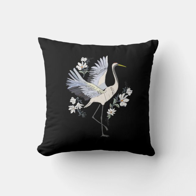 Bird Floral Black, geborduurd wit en grijs Kussen (Voorkant)