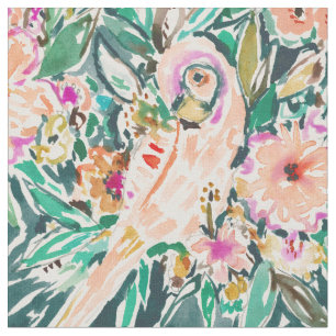  BIRD Floral Parrot Waterverf Stof