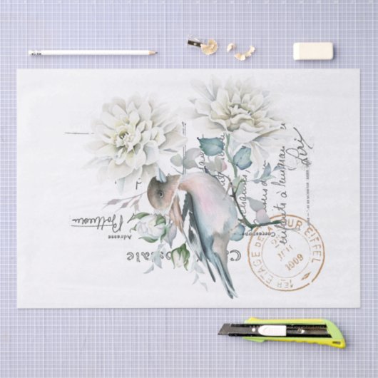 Bird Flower French Script Postmark Decoupage Tissuepapier (Craft)