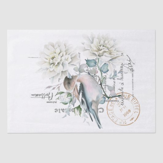 Bird Flower French Script Postmark Decoupage Tissuepapier (Voorkant)