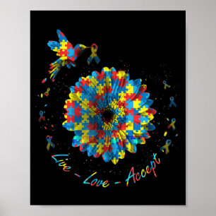 Bird Flower Ribbon Puzzle Live Love Autism Poster
