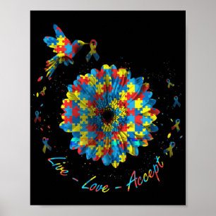 Bird Flower Ribbon Puzzle Live Love Autism Poster