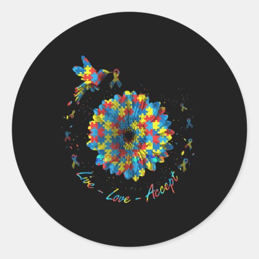 Bird Flower Ribbon Puzzle Live Love Autism Ronde Sticker (Voorkant)